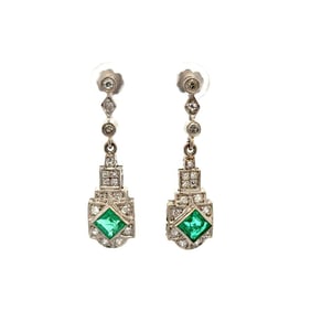 Art Deco 15k Gold Emerald Diamond Drop Earrings