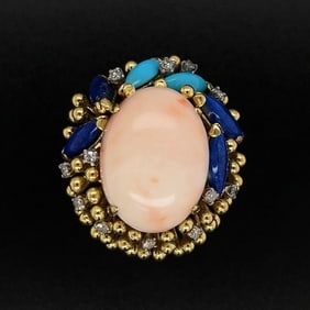 1960s 14k Gold Coral Lapis Turquoise Diamond Ring