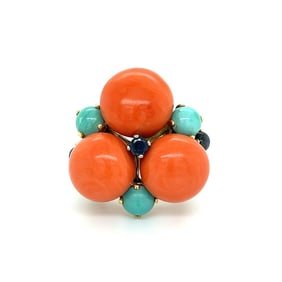 1960s 18k Gold Coral Turquoise Sapphire Cluster Ring