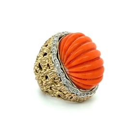 1960s 14k Gold Coral Diamond Nugget Ring