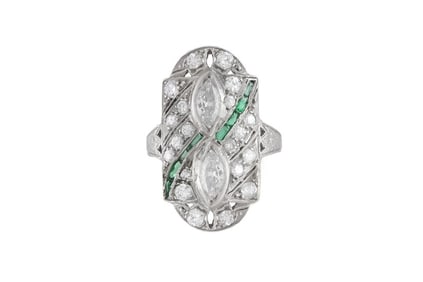 Art Deco Platinum Diamond Emerald Ring
