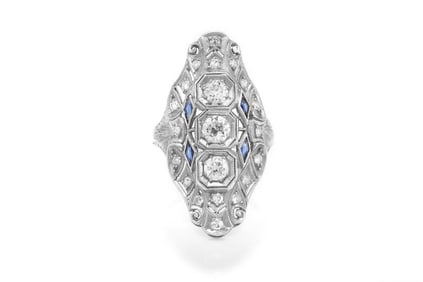 Art Deco Platinum Diamond Sapphire Ring