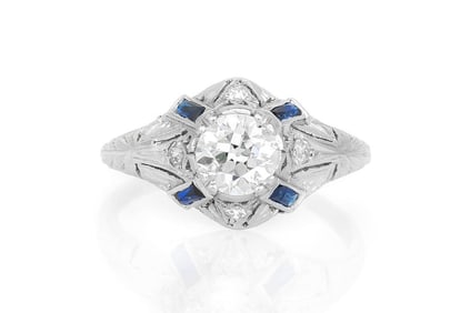 Art Deco Platinum Diamond Sapphire Engagement Ring