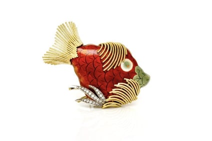 Vintage 18K Yellow Gold 1970s Enamel Fish Brooch with