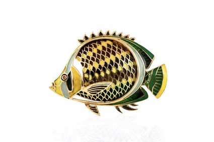 Vintage 18K Yellow Gold 1970s Multicolor Enamel Fish