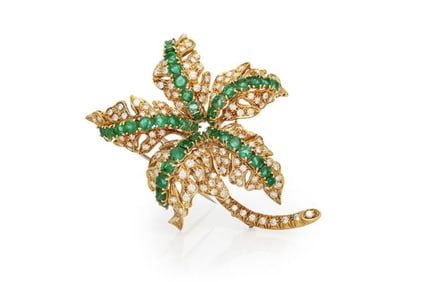 Vintage 18K Yellow Gold 1960s Diamond Emerald Palm