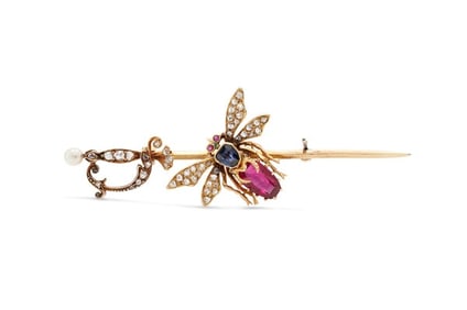 Antique Victorian Red 18K Yellow Gold Spinel Bug Sword