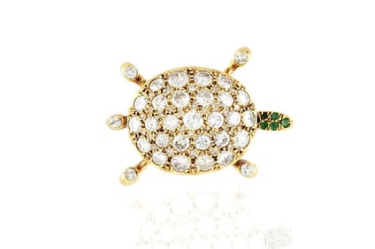 Vintage 18K Yellow Gold 1940s Diamond Emerald Turtle