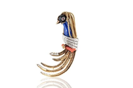 Vintage 14K Yellow Gold 1950s Onyx Lapis Coral Bird
