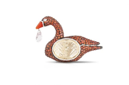 Yellow Quartz Orange 18K White Gold Sapphire Swan