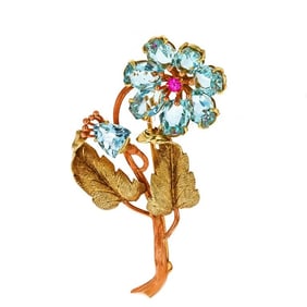 3K Gold 12k Gold Aquamarine Floral Brooch