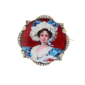 Art Nouveau 18k Gold Diamond Enamel Brooch