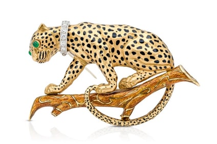 David Webb 18k Gold Enamel Leopard Brooch