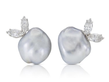David Webb Platinum 18k Bunny Pearl Diamond Earrings