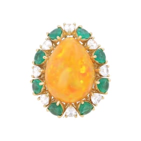 Contemporary 18k Gold Ethiopian Opal Emerald Diamond Ring