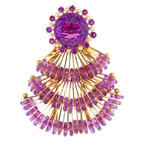 1950s 14k Gold Amethyst Pearl Brooch