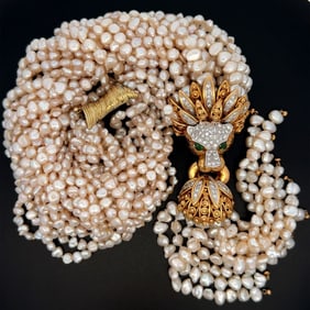 18k 14k Gold Diamond Emerald Pearl Lion Necklace