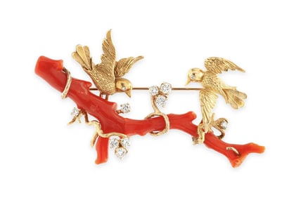 Retro 18k Gold Coral Diamond Bird Brooch