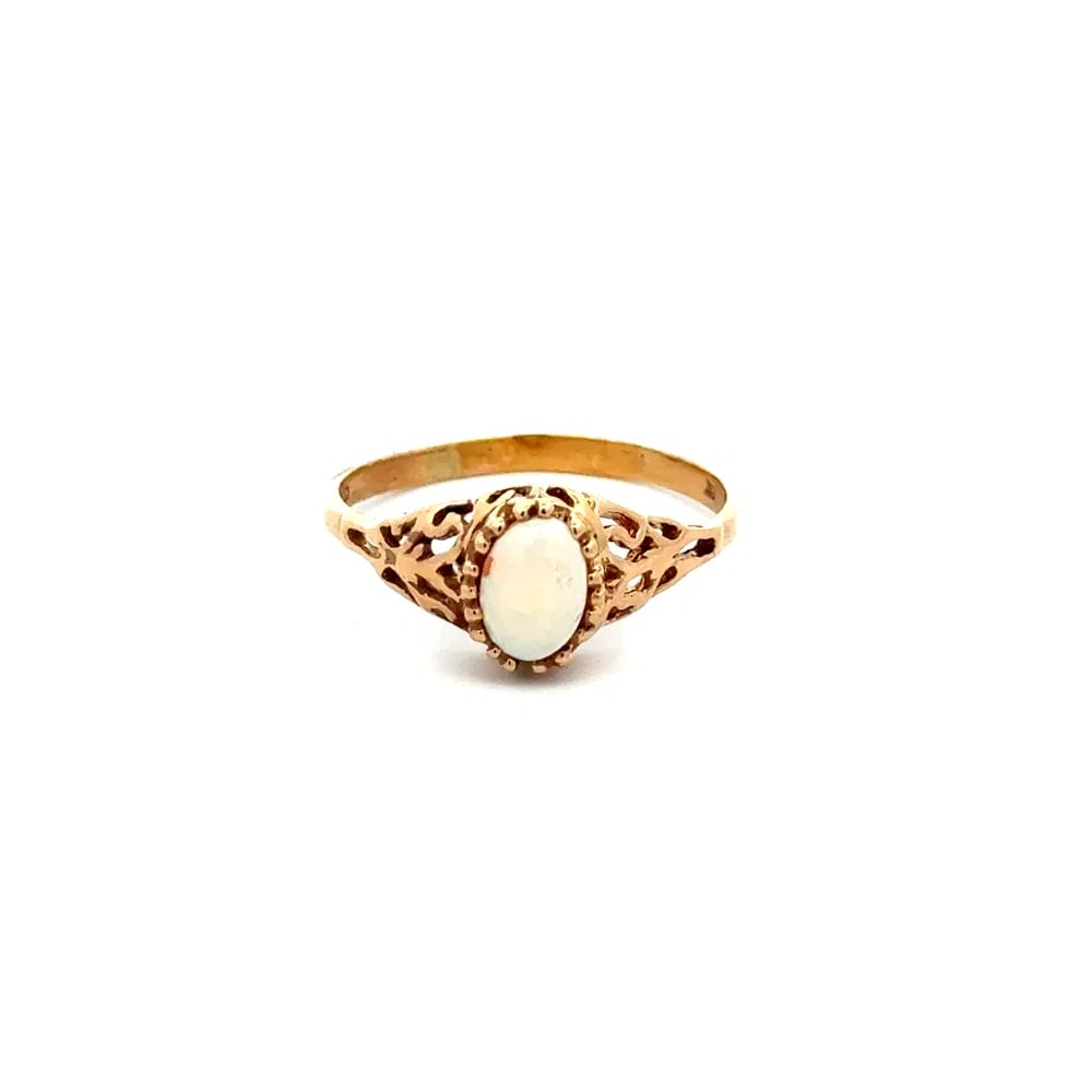 Mid-Century 10k Gold Oval Opal Filigree Ring