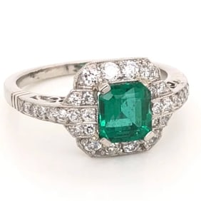 Art Deco Platinum Emerald Diamond Ring