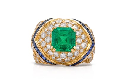 Vintage 18k Gold Mauboussin Emerald Diamond Sapphire Ring