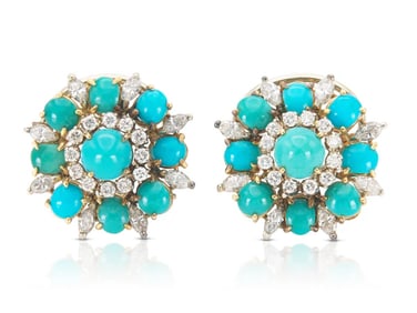 Vintage 1950s 18k Gold Turquoise and Diamond Flower Earrings