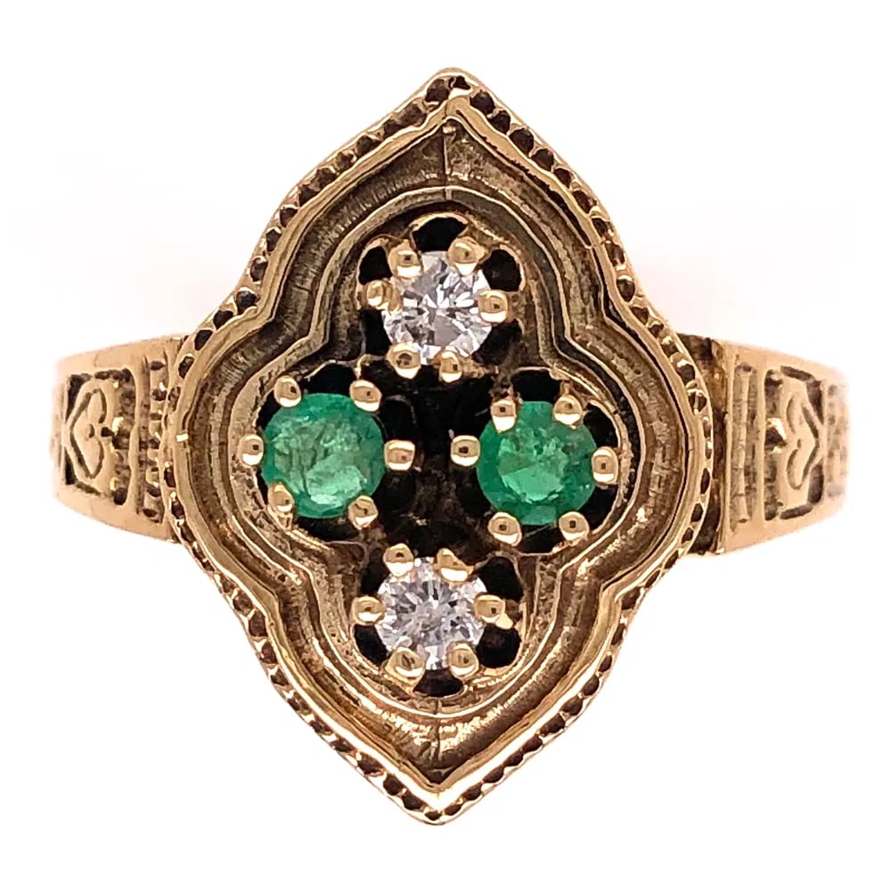 Victorian 14k Gold Emerald & Diamond Engraved Ring (1 of 4)