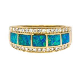 Contemporary 14k Gold Inlay Opal & Diamond Ring
