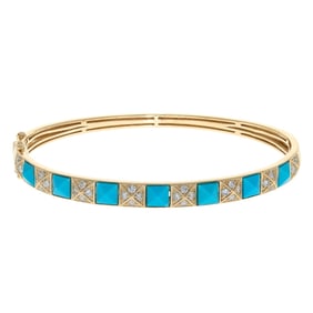 Contemporary 14k Gold Turquoise & Diamond Bracelet