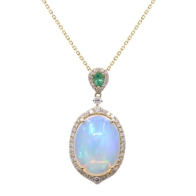 Contemporary 14k Gold Opal Emerald & Diamond Pendant