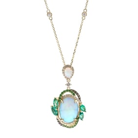 Contemporary 14k Gold Opal Emerald & Diamond Pendant