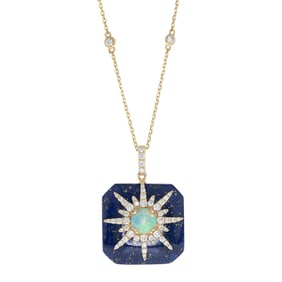 Contemporary 14k Gold Opal Lapis & Diamond Pendant