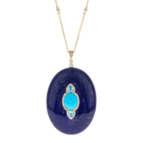 Contemporary 14k Gold Turquoise Lapis & Diamond Pendant