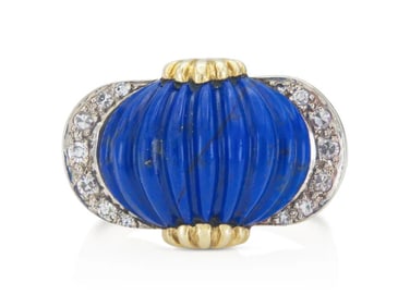 1970s 18k Gold Carved Lapis Diamond Ring