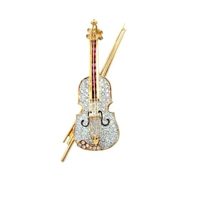 18k Gold Ruby Diamond Violin Brooch Pendant