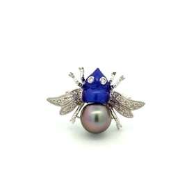 18k White Gold Tahitian Pearl Diamond Enamel Bee Brooch