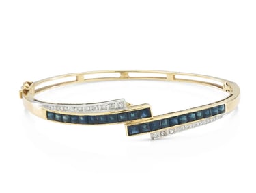 1940s Retro 14k Gold Sapphire Diamond Bangle Bracelet