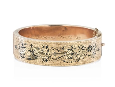 Victorian 10k Rose Gold Black Enamel Hinged Bangle