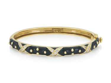 Hidalgo 18k Gold Black Enamel Diamond Hinged Bangle