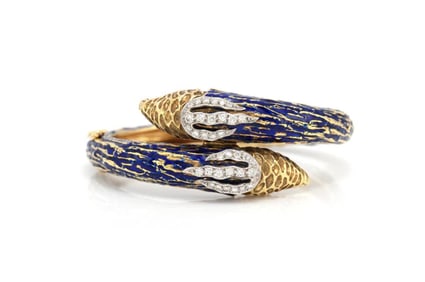 1970s 18k Gold Blue Enamel Diamond Bypass Bangle