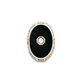 Art Deco 18k White Gold Onyx Engraved Ring