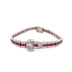 Deco Revival 18k White Gold Diamond Ruby Bracelet