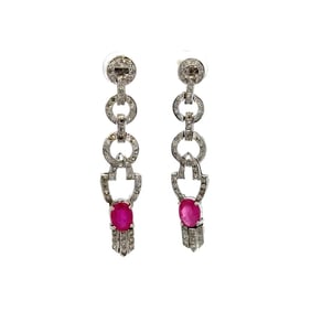 Art Deco 14k White Gold Ruby Diamond Drop Earrings