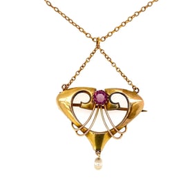 Art Nouveau Yellow Gold Amethyst Pearl Necklace