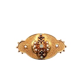 Victorian Revival 14k Gold Seed Pearl Diamond Brooch
