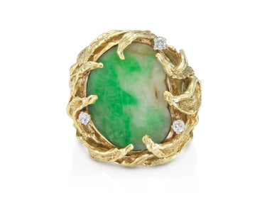 1960s 14k Gold Jade Diamond Ring