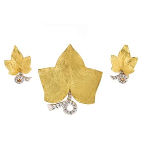 Cartier Gold Diamond Leaf Motif Pin & Earring Set