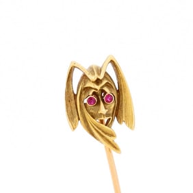 French Art Nouveau 18k Gold Ruby Eyes Fiend Stick Pin
