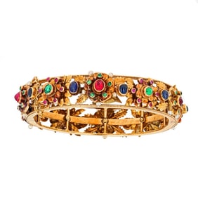 French Victorian 17.2k Gold Multi-Gemstone Pearl Bangle Bracelet