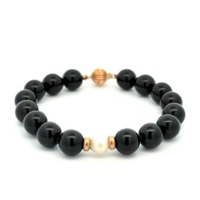14k Gold Onyx Pearl Bead Bracelet
